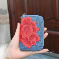 民族花卉手工刺繡拉鍊長皮夾